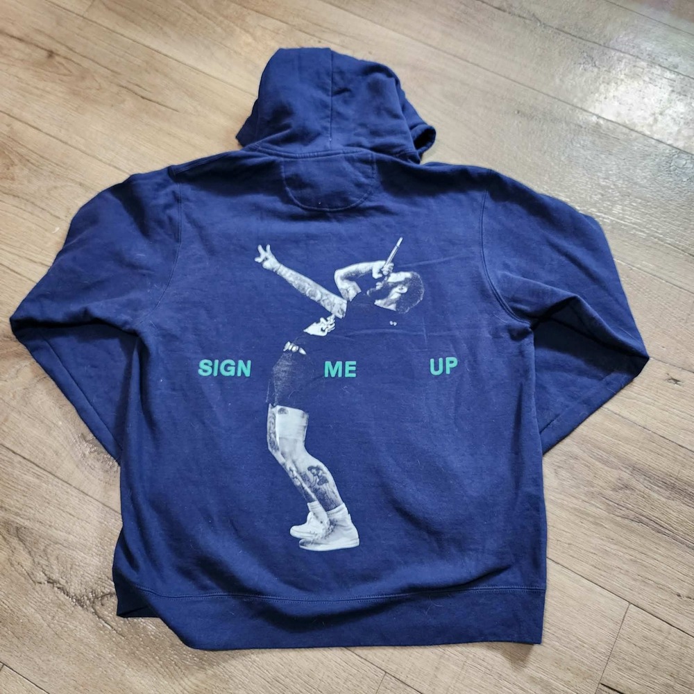 Post Malone Austin 2024 Tour Hoodie Navy Blue Sign Me Up Concert Rap Band Mens M